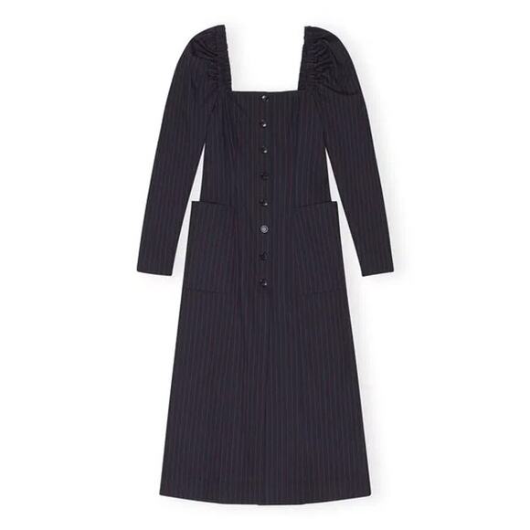 NWT GANNI Pinstriped Twill Midi Dress Midnight Blue Red Pinstripes IT 52 US 22 - Picture 3 of 12